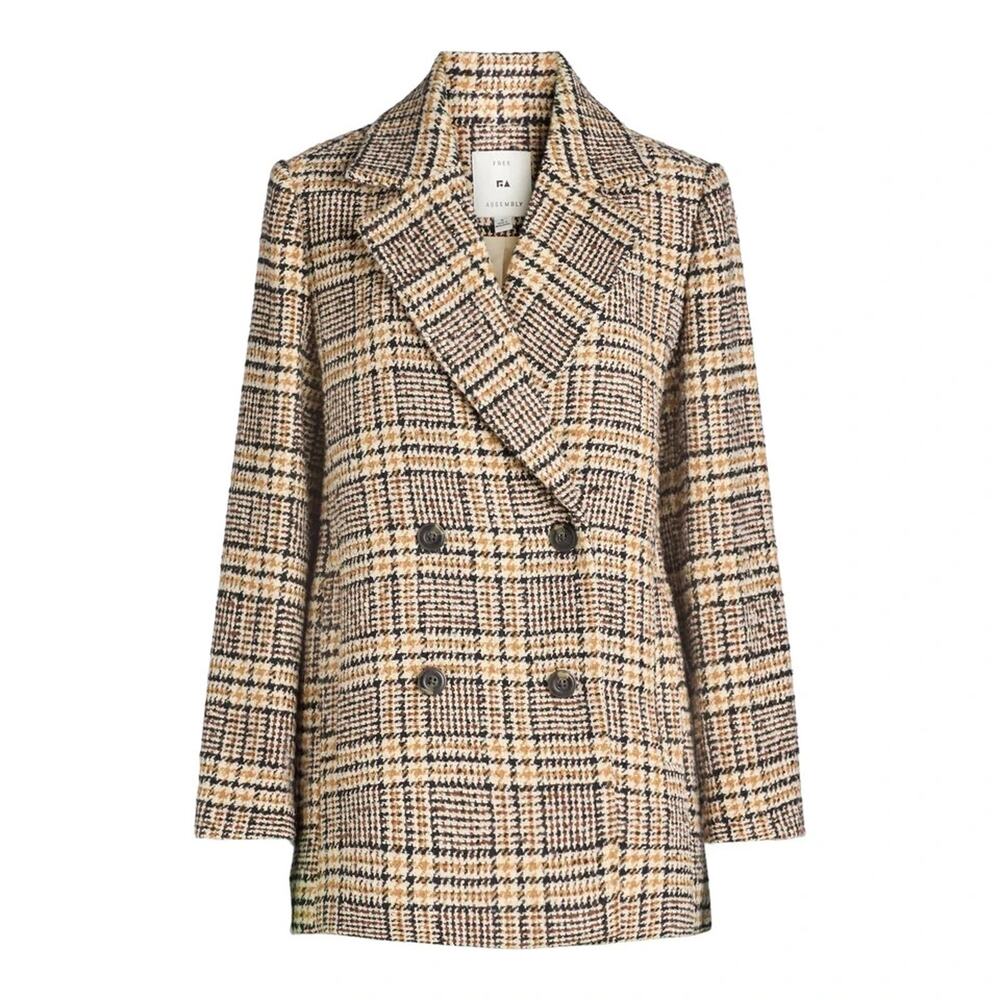 Free Assembly Womens M Plaid Double Breasted Blazer Jacket Brown NWT